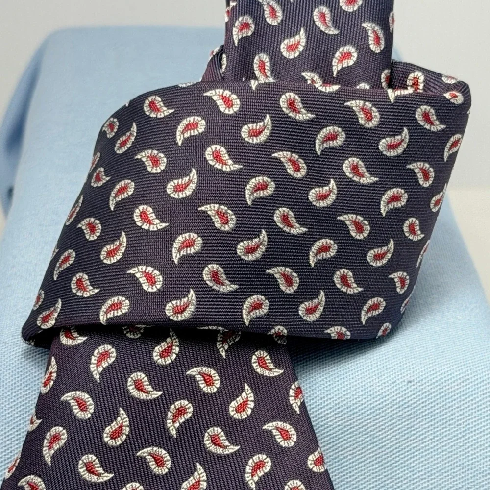 Hermes Vintage Navy Blue and Red Paisley 100% Silk Tie
